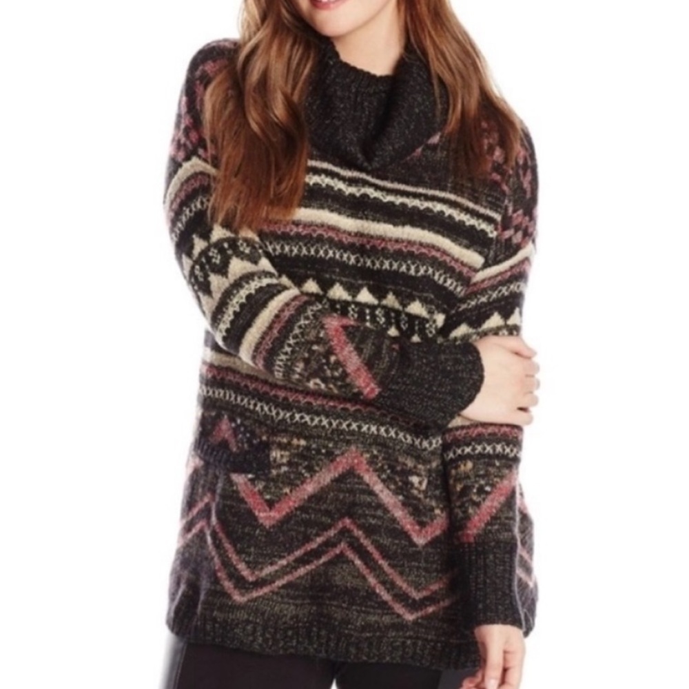 Lucky Brand Black and Pink Cowl Neck Sweater